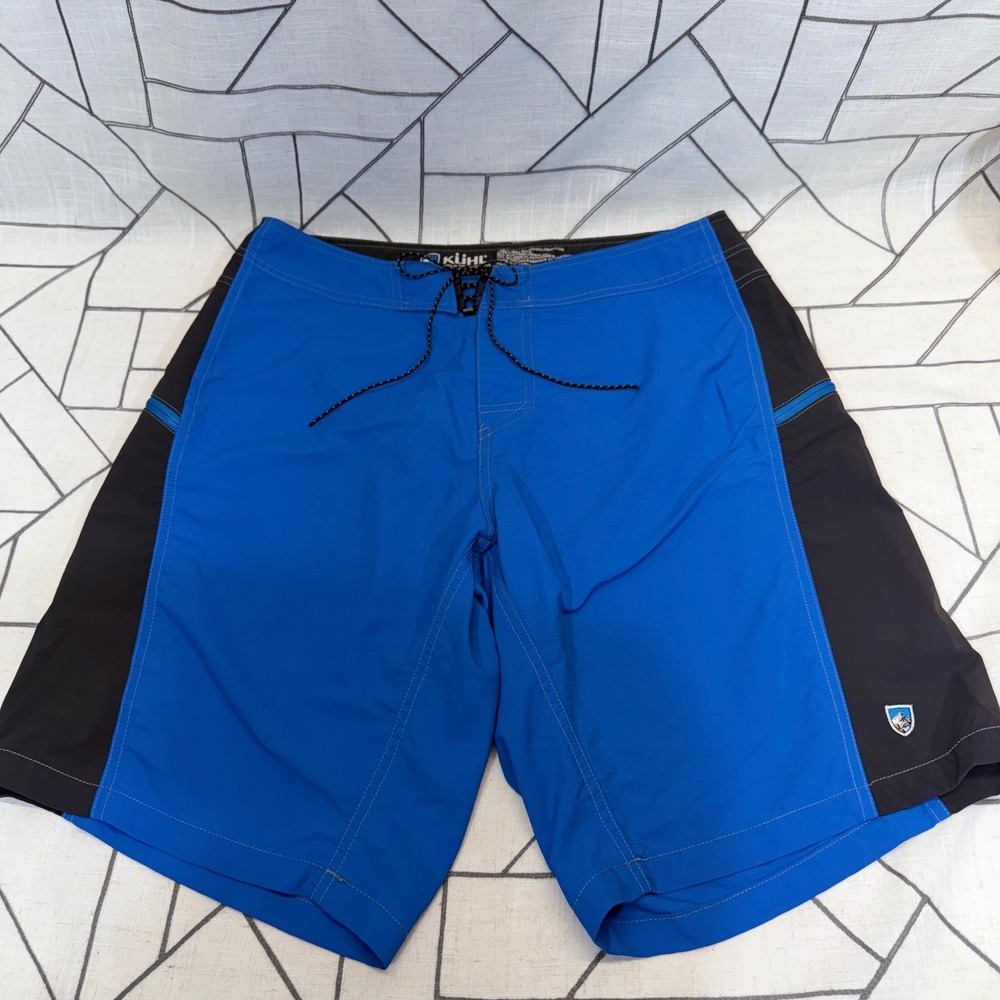 Kuhl Board Shorts Size 34 Blue Black Color Block Stretch Hiking Swim Trunks